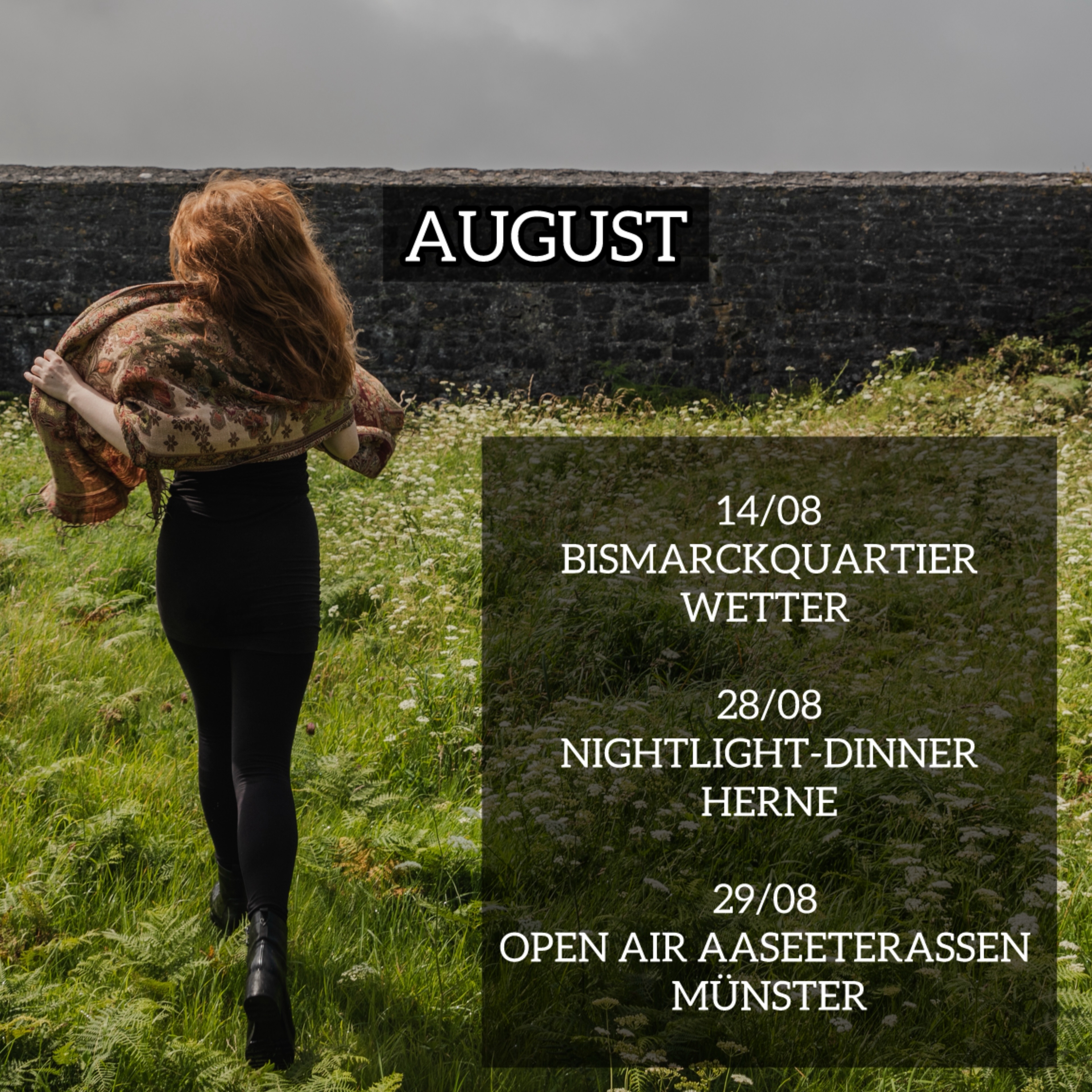 come and see me live in August 🎶♥️ 

14/08/2026
@bismarckquartier_ev in Wetter 
Einlass ab 18.00 Uhr / Beginn 19.30 Uhr

28/08/2026 
Nightlight-Dinner in Herne 
Bühne 6 - Bahnhofstr. - Höhe Neustr.
Beginn 19.00 Uhr 

29/08/2026
Open Air am Aasee - Aaseeterassen in Münster
Wohnzimmerliebe w/ @womuka für den NRWTag
Beginn 18.00 Uhr

Wer kommt vorbei? 😊🫶🏻

📸 @guna.ludborza 

#live #dates #konzert #openair #singersongwriter
