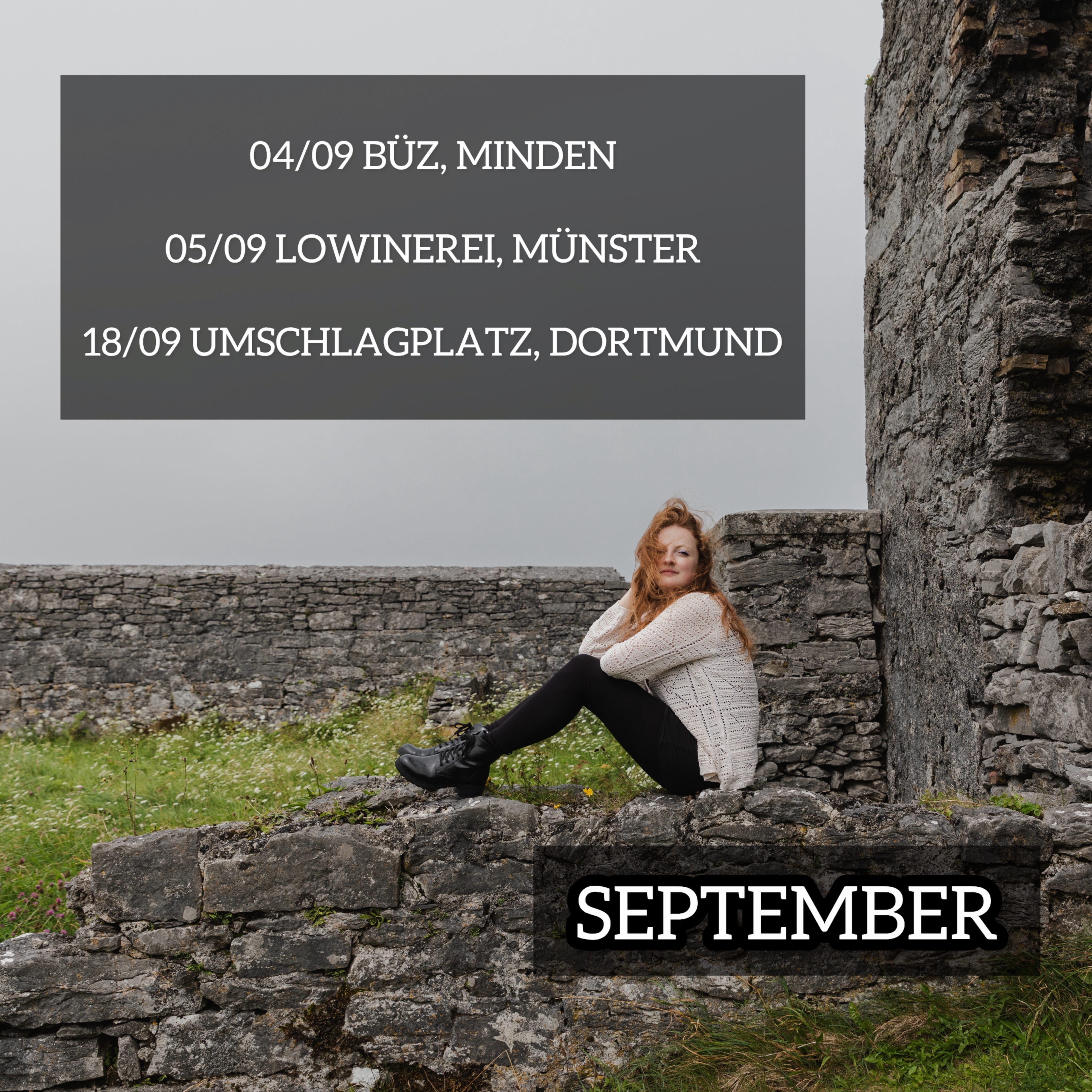 september dates 🎶♥️ hope to see you there! 

04/09
Vernissage Symbiose von @josigraphy und @shalypoetry 
@buezminden Minden

05/09 
@lowinerei Münster

18/09 
@umschlagplatz Dortmund 

📸 @guna.ludborza 
#livemusik #konzert #singersongwriter #muenster #dortmund